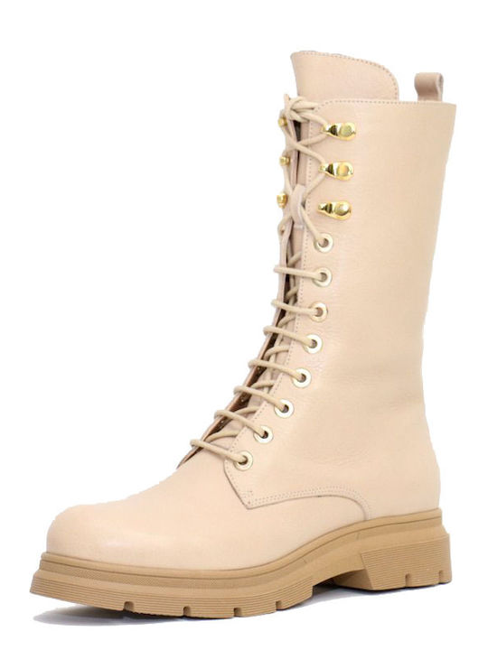 Leather Women's Ankle Boots with Medium Heel Beige