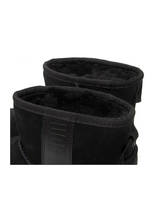 Classic Mini Side Logo Suede Women's Ankle Boots with Fur Black