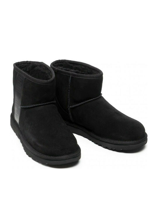 Classic Mini Side Logo Suede Women's Ankle Boots with Fur Black