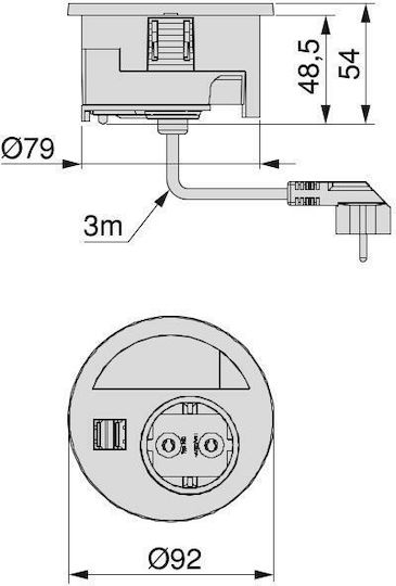 Emuca Circle 80 Μονή Χωνευτή Πρίζα Ρεύματος με 2 Θύρες USB Μαύρη