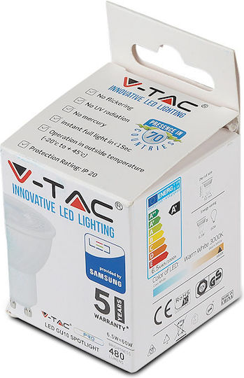 V-TAC VT-247 LED Bulb 6.5W for Socket GU10 and Shape MR16 Warm White 480lm