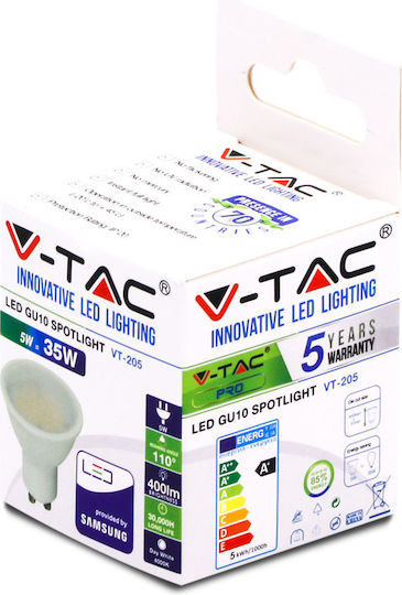 V-TAC VT-205 LED Bulb 5W for Socket GU10 and Shape MR16 Cool White 400lm