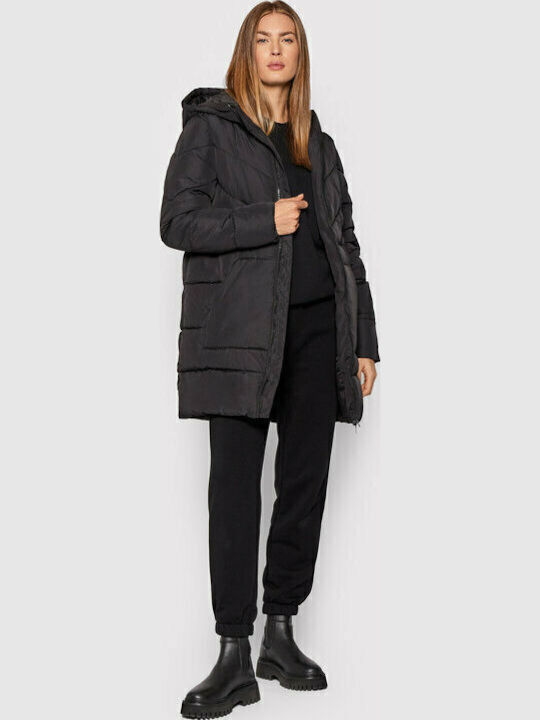 Women's Long Puffer Jacket for Winter with Hood Black