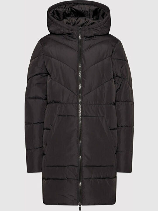 Women's Long Puffer Jacket for Winter with Hood Black