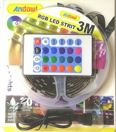 Andowl Αδιάβροχη Ταινία LED USB 5V RGB Φως 3m Τύπου SMD5050 με Τροφοδοτικό & Τηλεχειριστήριο