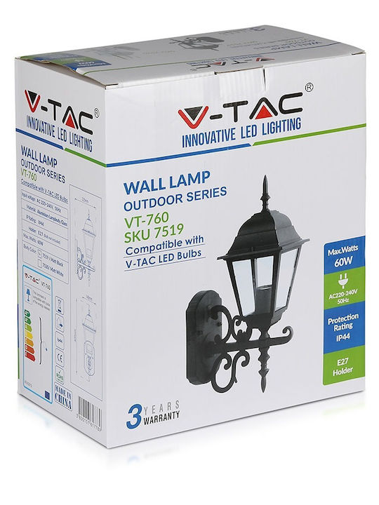 V-TAC Επιτοίχιο Εξωτερικό Φαναράκι E27 IP44 14.8x40x14.8εκ.