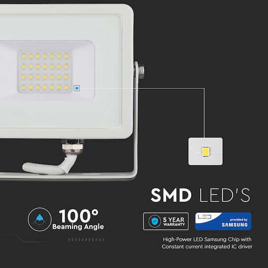 V-TAC Στεγανός Προβολέας LED 20W Ψυχρό Λευκό 6400K IP65