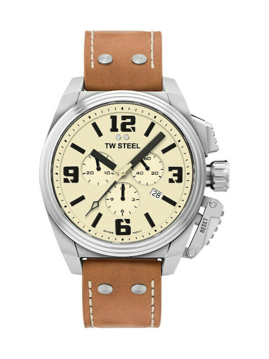 TW Steel Canteen Men's Watch 46mm Chronograph Battery with Brown Leather Strap