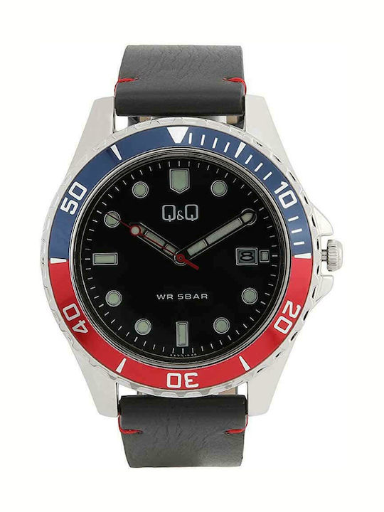 Q&Q Men's Watch 43mm Battery with Black Leather Strap
