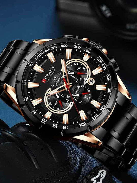 Curren Men's Watch 45mm Chronograph Battery with Black Metal Bracelet