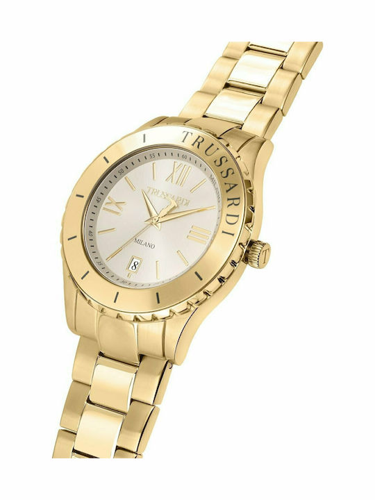 Trussardi T-Logo Men's Watch 45mm Battery with Gold Metal Bracelet
