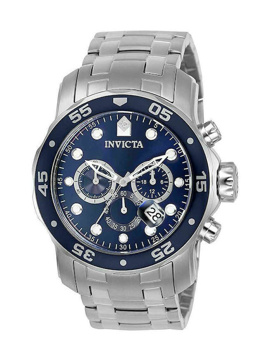 Invicta Pro Diver Ανδρικό Ρολόι 48mm Χρονογράφος Μπαταρίας με Ασημί Μεταλλικό Μπρασελέ