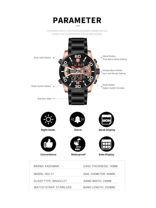 Kademan K6171 Analog/Digital Men's Watch 46mm Battery with Metal Bracelet Black/Red
