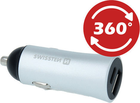 Swissten Зарядно за кола Бързо Зареждане с Портове: 1xUSB 1xType-C Сребрист Цвят