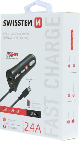 Swissten Auto-Ladegerät 12W 2.4A mit einem Anschluss: 1xUSB mit Kabel Mikro-USB Schwarz Farbe