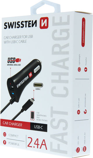 Swissten Auto-Ladegerät 12W 2.4A mit Anschlüssen: 1xUSB-A 1xType-C inklusive Kabeltyp Type-C Schwarz Farbe