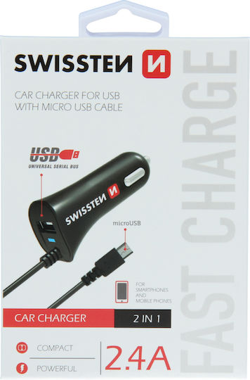 Swissten Auto-Ladegerät 12W 2.4A mit einem Anschluss: 1xUSB mit Kabel Mikro-USB Schwarz Farbe
