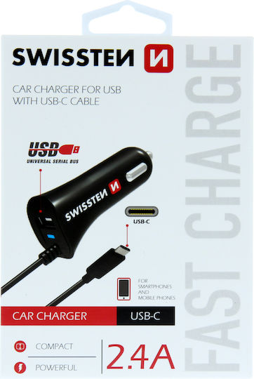 Swissten Auto-Ladegerät 12W 2.4A mit Anschlüssen: 1xUSB-A 1xType-C inklusive Kabeltyp Type-C Schwarz Farbe