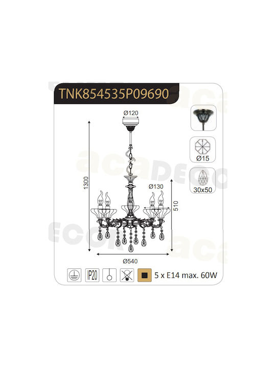 Aca Elegant Chandelier Candlestick 5xE14 Silver 54cm TNK854535P