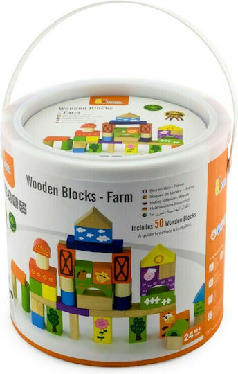 Viga Toys Set Cuburi De Construit „Fermă” În Găleată, Din Lemn Pentru 1+ Ani 50 Bucăți