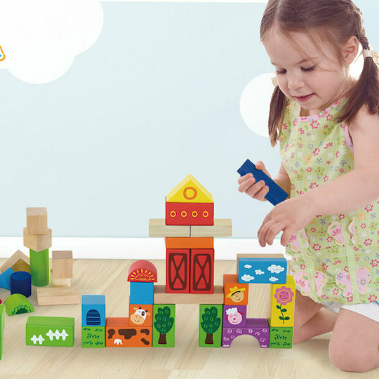 Viga Toys Set Cuburi De Construit „Fermă” În Găleată, Din Lemn Pentru 1+ Ani 50 Bucăți