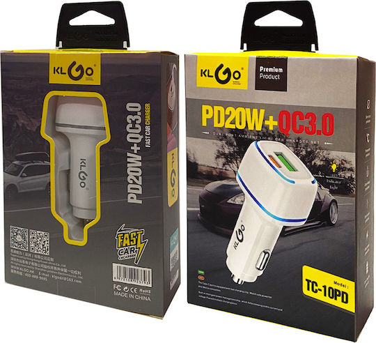 KLGO TC-10PD Φορτιστής Αυτοκινήτου Γρήγορης Φόρτισης με Θύρες: 1xUSB-A 1xType-C Λευκό Χρώμα