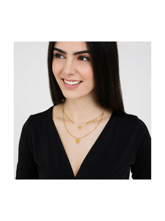 Luca Barra Necklace Double with design Heart from Gold Plated Steel with Pearls