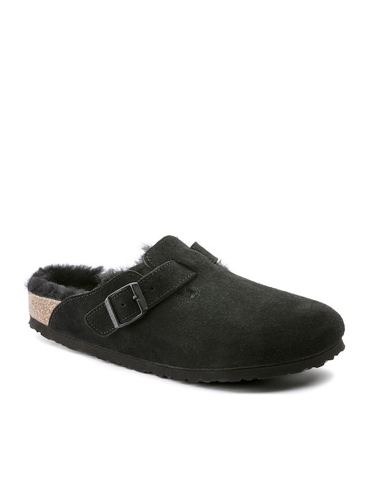Boston Shearling Χειμερινές Ανδρικές Παντόφλες με Γούνα Μαύρες