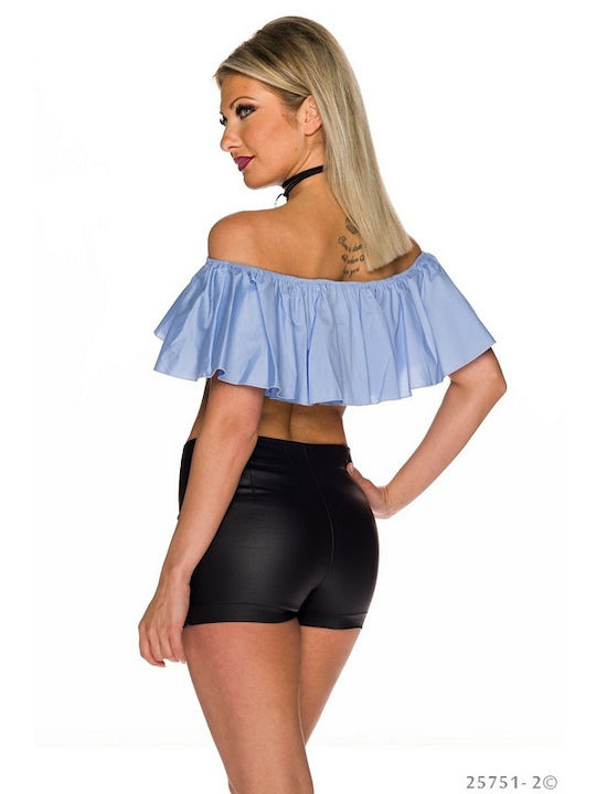 Queen Fashion pentru Femei de Vară Crop Top Bluză cu umerii goi din Bumbac cu Mâneci Scurte Monocrom Albastru deschis