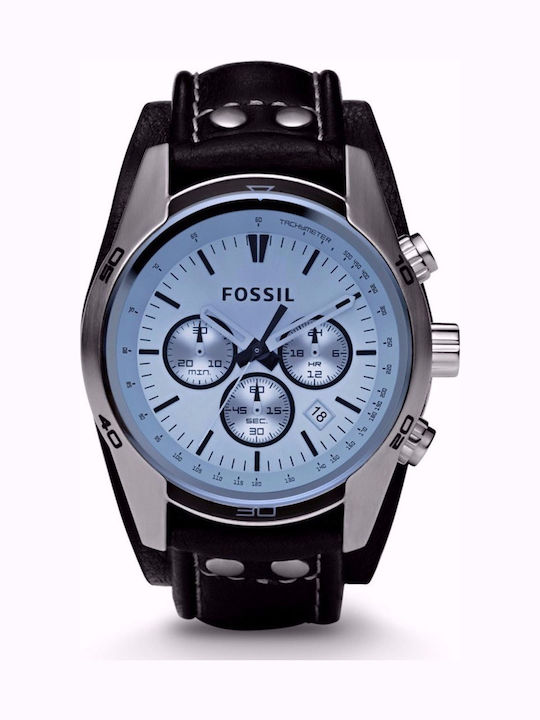 Fossil Ανδρικό Ρολόι 45mm Χρονογράφος Μπαταρίας με Μαύρο Δερμάτινο Λουράκι