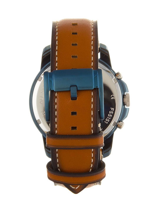 Fossil Ανδρικό Ρολόι 44mm Χρονογράφος Μπαταρίας με Καφέ Δερμάτινο Λουράκι