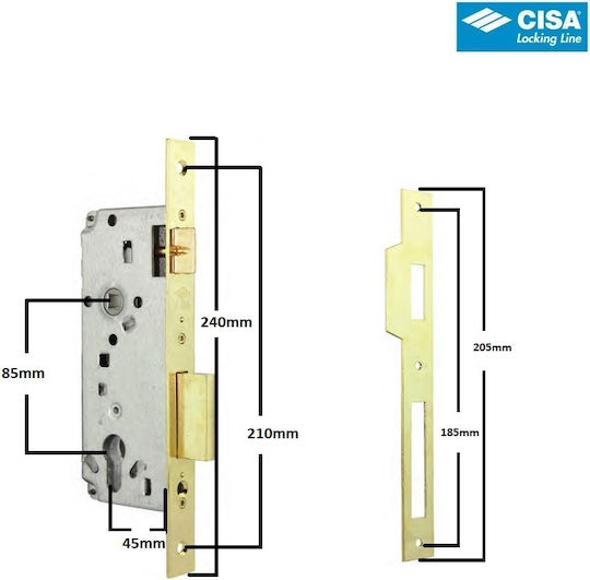 Cisa 5C611-45 Recessed Lock Front door with Cylinder and Center 45mm Gold Left