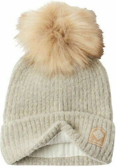Winter Blur Pom Pom Beanie Unisex Σκούφος με Rib Πλέξη σε Μπεζ χρώμα