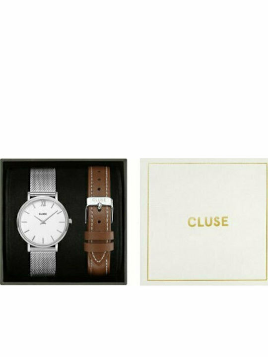 Cluse Minuit Γυναικείο Ρολόι 33mm Μπαταρίας με Ασημί Μεταλλικό Μπρασελέ