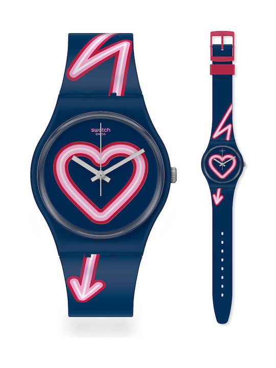Swatch Flash of Love Γυναικείο Ρολόι 34mm Μπαταρίας με Navy Μπλε Καουτσούκ Λουράκι