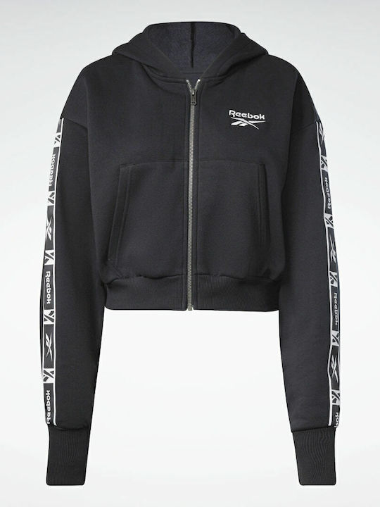 Tape Zip Up Cropped Γυναικεία Ζακέτα Φούτερ με Κουκούλα Μαύρη