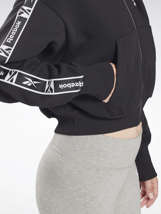 Tape Zip Up Cropped Γυναικεία Ζακέτα Φούτερ με Κουκούλα Μαύρη