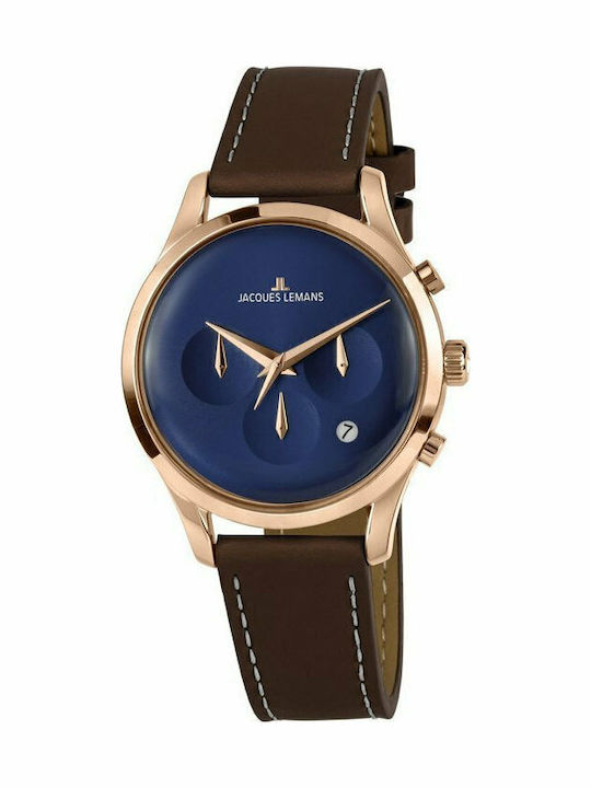 Jacques Lemans Retro Classic Ανδρικό Ρολόι 38mm Μπαταρίας με Καφέ Δερμάτινο Λουράκι