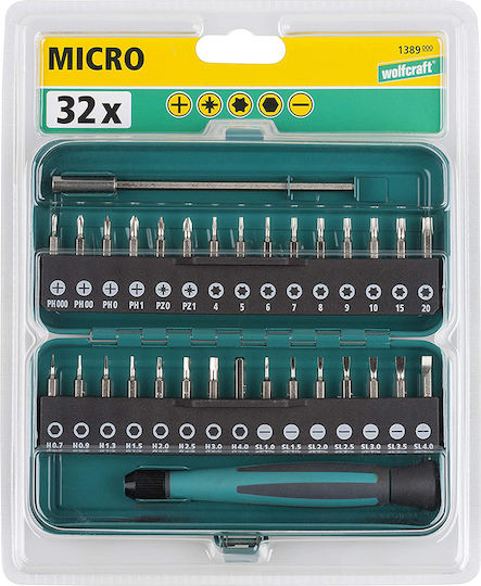 Wolfcraft Σετ 32 Μύτες Κατσαβιδιού Ίσιο / Σταυρός / Torx / Allen / Αστέρι Σετ Micro