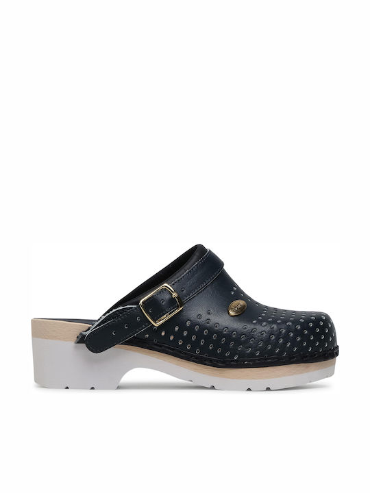 Scholl Super Comfort Leather Anatomic Clogs Blue