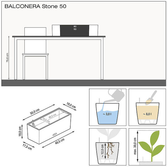 Lechuza Balconera Stone Αυτοποτιζόμενη Ζαρντινιέρα Πλαστική Λευκή 50x19x19εκ.
