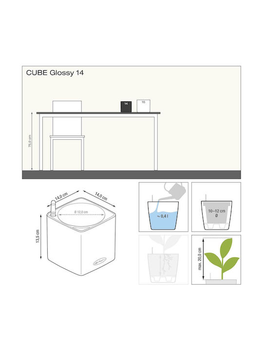 Lechuza Cube Glossy Selbstbewässernd Topf Kunststoff 14x14x13.5cm.