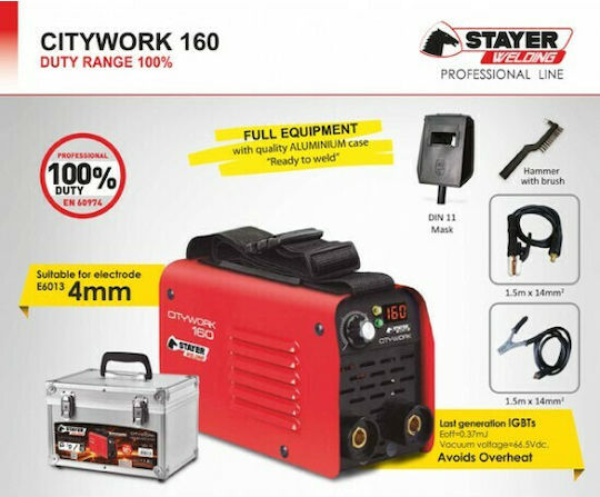 Stayer CityWork 160 Ηλεκτροκόλληση Inverter MMA με Μέγιστο Ρεύμα Συγκόλλησης 160A και Κύκλο Εργασίας 100%