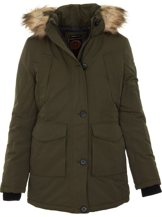 Everest Lang Damen Parka Jacke mit pelziger Kapuze für Winter Khaki