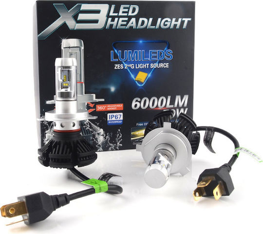 Autoline Lampen Auto X3 H4 LED 6000K Kaltes Weiß 9-32V 50W 2Stück