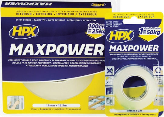 HPX Max Power Transparent Αυτοκόλλητη Ταινία Διπλής Όψης Διάφανη 5mx19mm