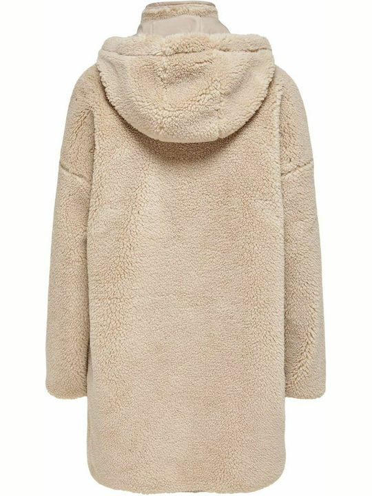 Sherpa Women's Beige Coat Oversized Teddy with Hood & Fur Details