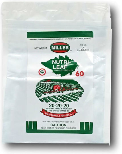 Miller Chemical Nutrileaf Crystal Fertilizer Nitrogen, Phosphorus, Potassium (20-20-20) General Use 1kg
