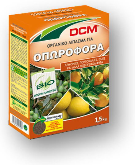 DCM Βιολογικό Κοκκώδες Λίπασμα Αζώτου, Φωσφόρου, Καλίου (6-4-12) για Ελιές, Ανθοφόρα Φυτά, Εσπεριδοειδή, Οπωροφόρα, Καρποφόρα 1.5kg 1lt