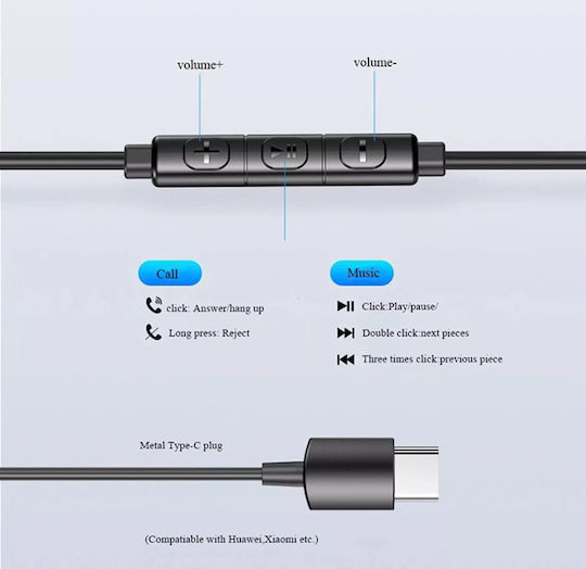 Awei TC-1 Type-C In-ear Handsfree Headphones with Connector USB-C Black